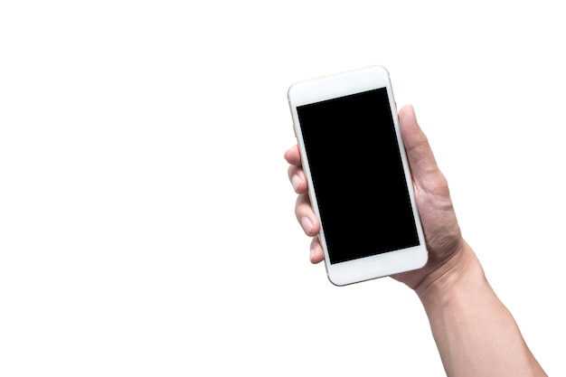 Hand is holding a white smartphone with black blank mockup screen