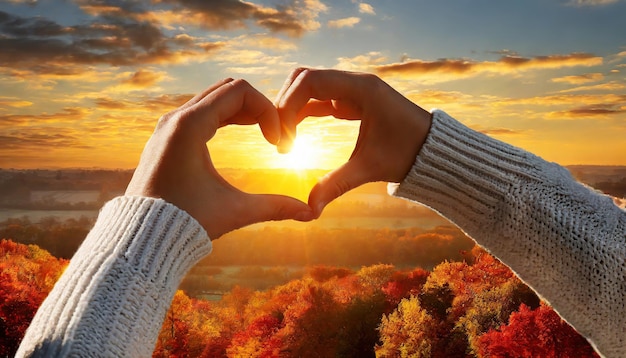 hand is making a heart gesture against an autumn sunset sky