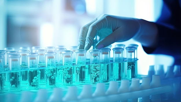 a hand is placing test tubes in a laboratory in the style of light turquoise and navy