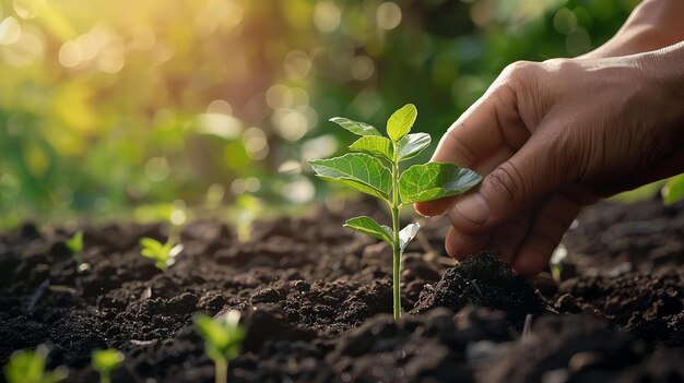 A hand is planting a small tree in the soil The sun is shining brightly in the background