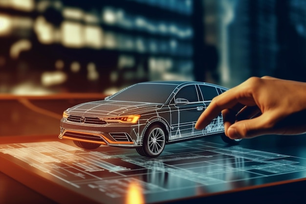 A hand is pointing to a car on a tablet