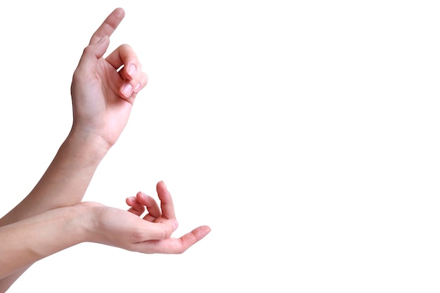 A hand is pointing to the sky with a white background