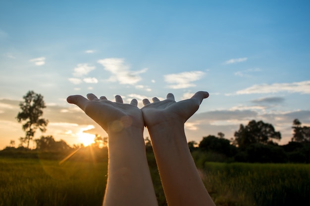 Foto la mano sta pregando per il tempo soleggiato