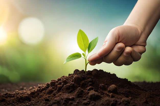 A hand is putting a plant in the soil