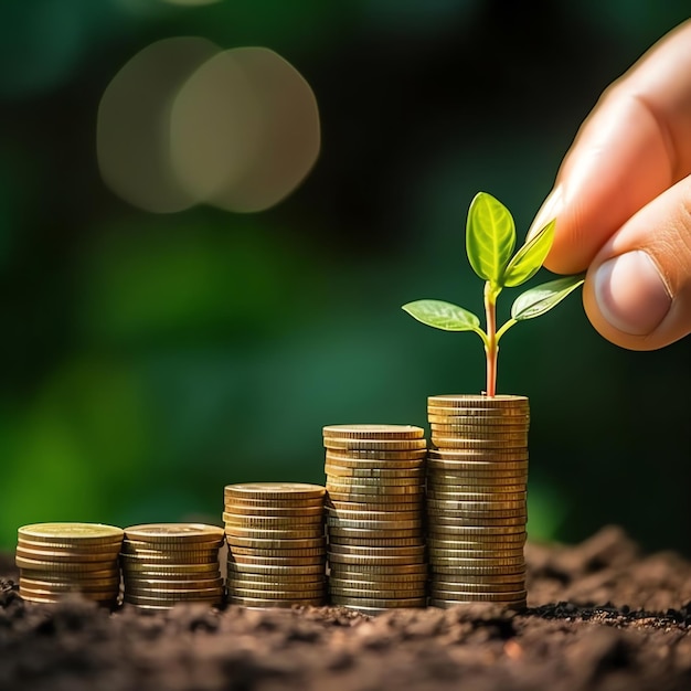 A hand is putting a plant on a stack of coins.