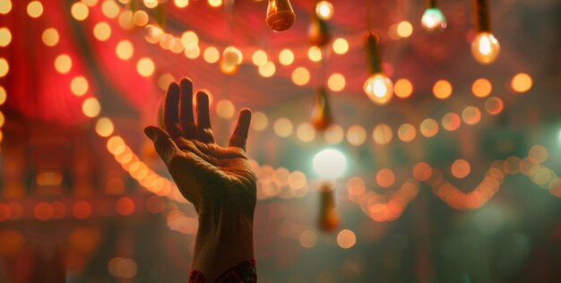 Hand is raised to the sky with blurred background of lights