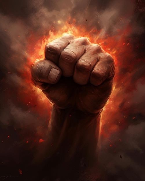 A hand is raised up with fire in the dark background