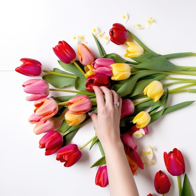 A hand is reaching for a bunch of tulips.