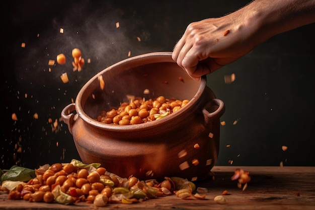 A hand is sprinkling chickpeas into a pot