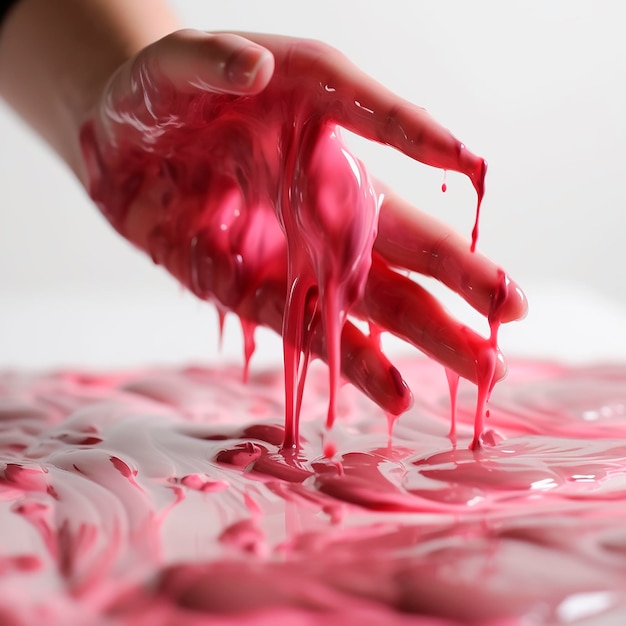 手は濃いピンクの粘着性粘液で染まっています 不快な光景 汚れ 不衛生な状態