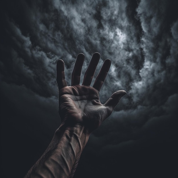 a hand is stretched out in front of a cloudy sky.