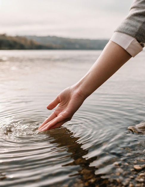 写真 手は川の水に触れている