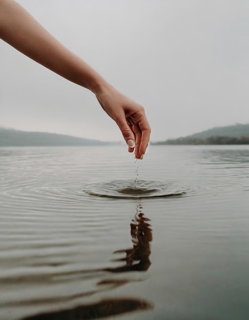 hand is touching water on the river