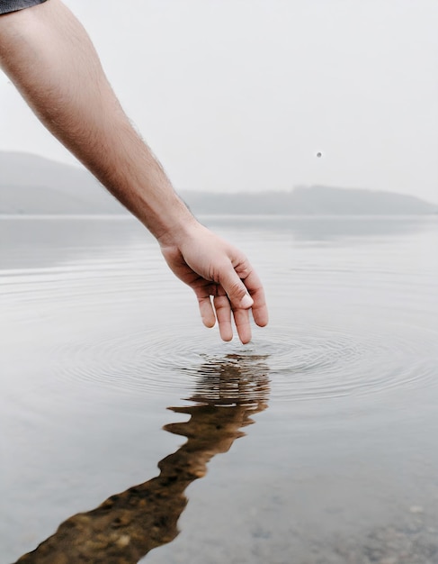 Photo hand is touching water on the river