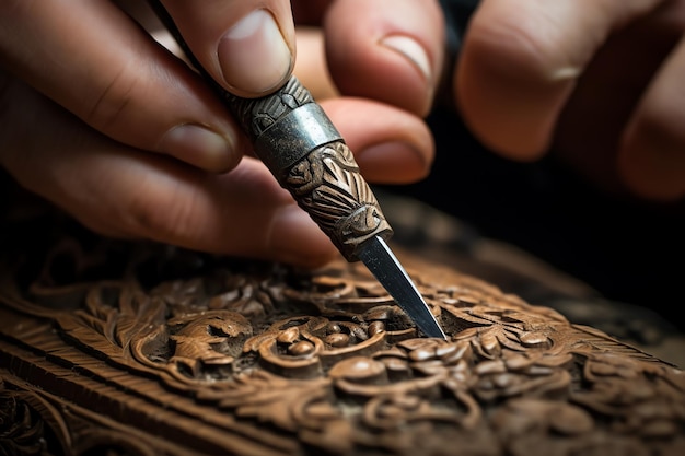 A hand is working on a piece of art with a gold handle