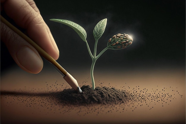 Foto una mano sta scrivendo un messaggio con una matita che dice pianta.