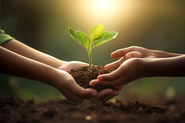 hand kinderen met jonge plant met zonlicht op groen natuur achtergrond concept eco aarde dag
