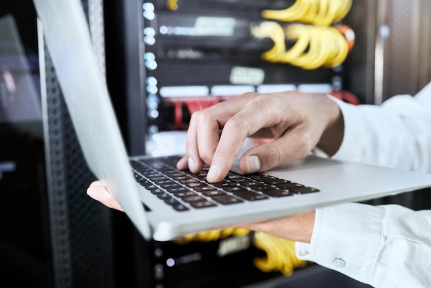hand laptop or programmer working on software coding programming or 404 error glitch for cybersecurity computer internet or zoom of it hand for research hacking or website information technology