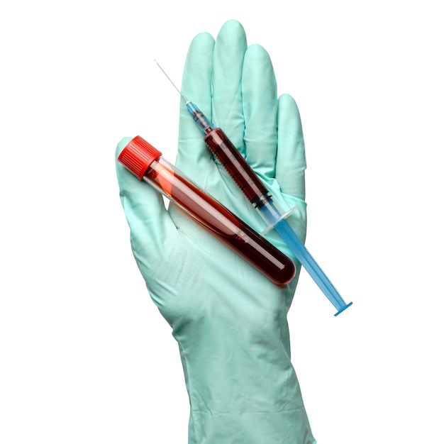 Hand in latex glove holding blood sample in test tube and syringe close up isolated on white background.