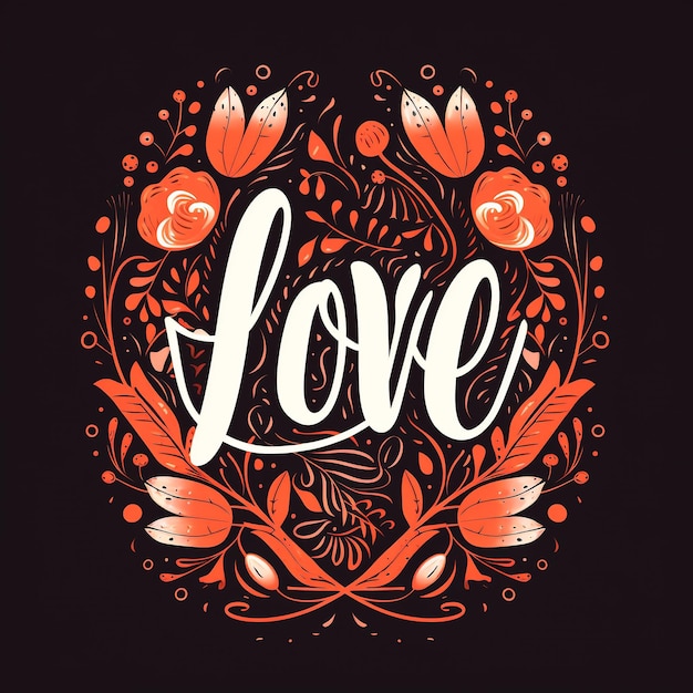 Hand lettering Love with floral wreath on black background Vector illustration