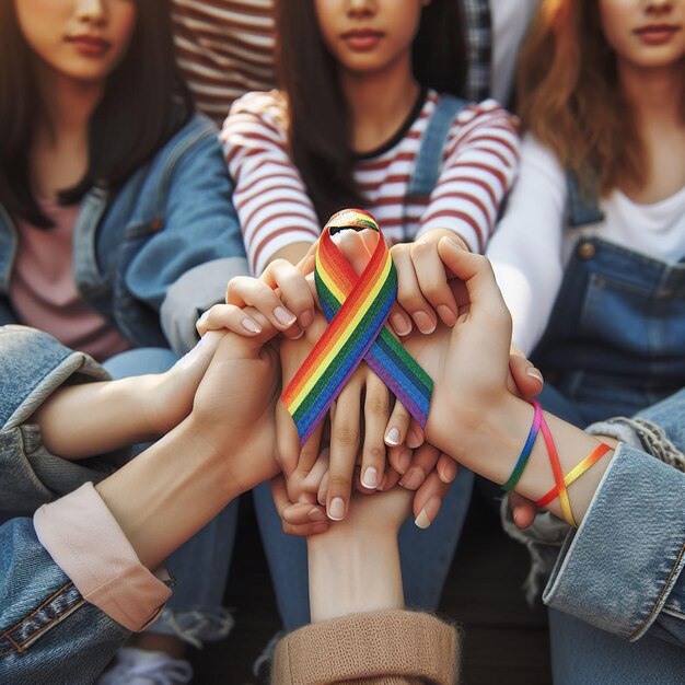 Foto mano di donne lgbt che si tengono insieme con il simbolo del nastro dell'arcobaleno