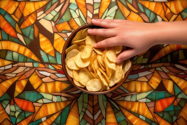 A hand lining potato chips around a dip bowl in a pattern