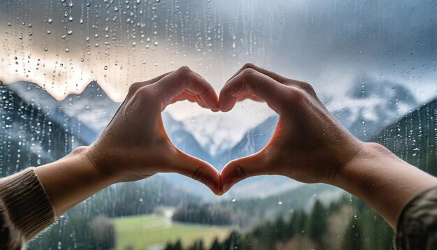 hand maakt een hart op een raam tijdens de regen