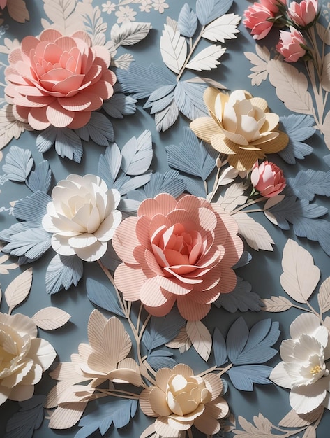 Hand made artificial flowers on wallpaper and pattern