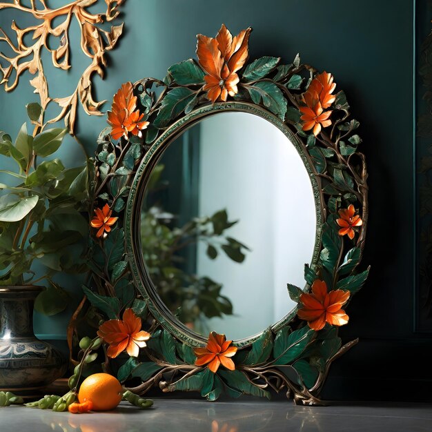 Hand Made Floral Mirror Frame With Leaf