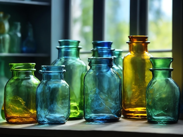 Стеклянные бутылки и банки ручной работы на полке перед окном. Стеклянное ателье или стекольный завод.