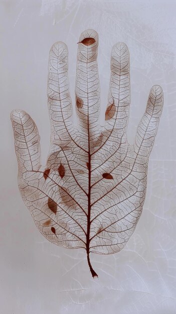 白い背景に葉で作られた手が描かれています