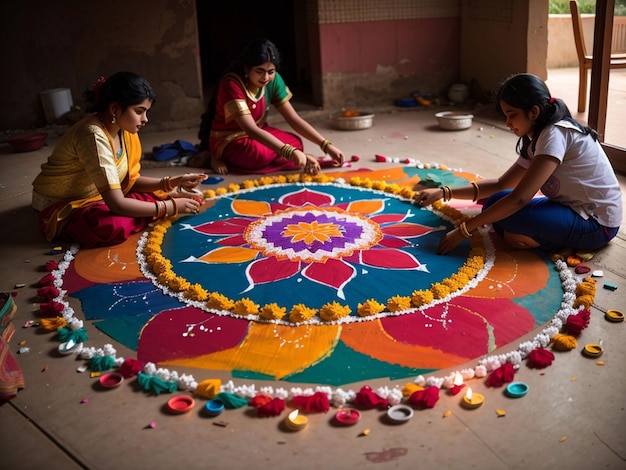 Масляные лампы ручной работы, украшенные ранголи в праздничную ночь индуистского фестиваля Дивали или Дипавали.