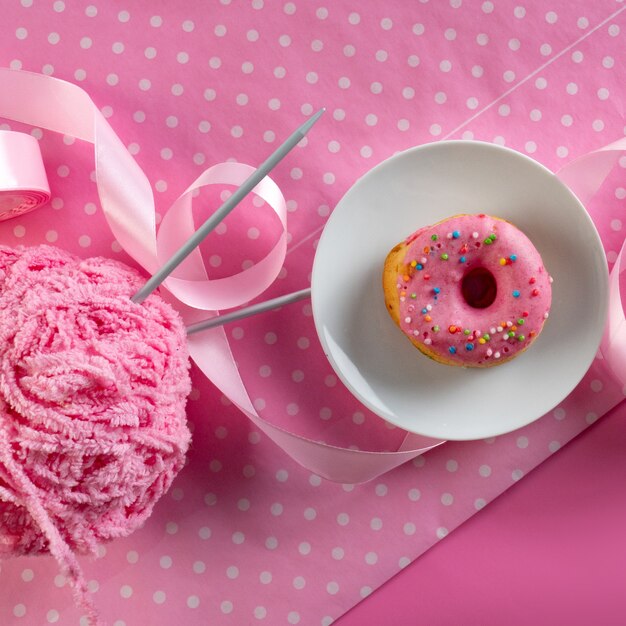 Hand made, pink background, pink donut