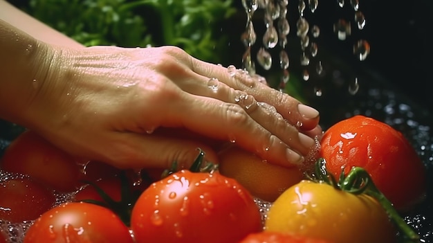 Hand of maid washing tomato fresh vegetables preparation healthy food in kitchen Generative AI