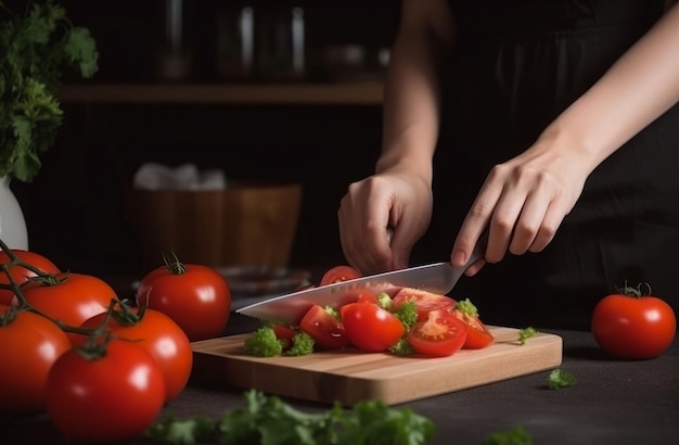 Hand making tomato salad meal Organic food Generate Ai