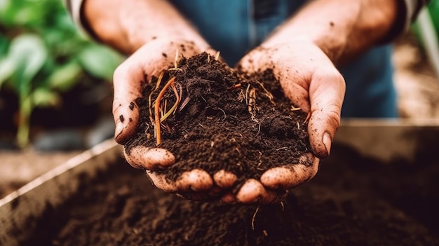 Hand of male holding soil in the hands for planting generative ai