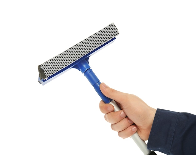 Photo hand of male window cleaner with mop on white background