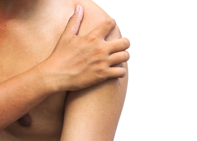 Hand of man catches his shoulders with shoulder pain on white background.