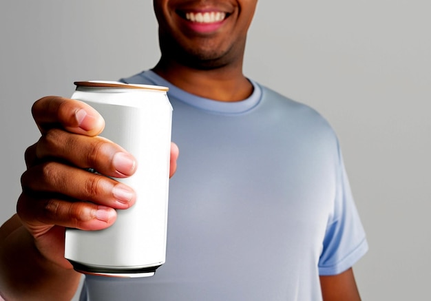 hand man holding can mock up white background