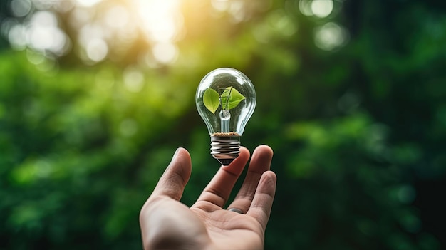 A hand man holding light blub with green background eco energy concept