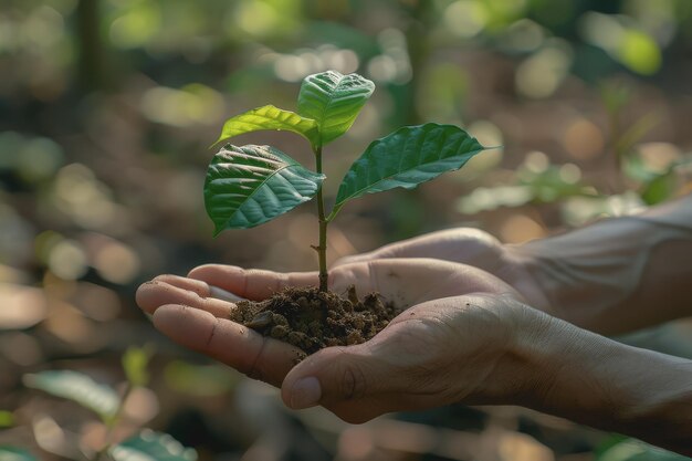 緑の環境のために植えるための小さな木を握っている男の手 世界日 地球の日