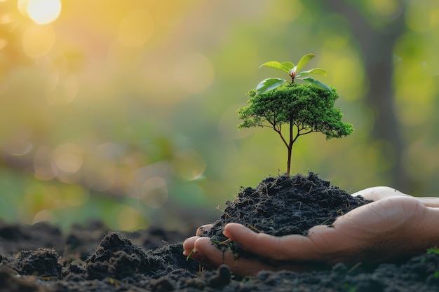 Hand of a man holding a small tree for planting for the environment green World Day Earth Day