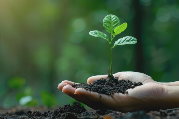 Hand of a man holding a small tree for planting for the environment green World Day Earth Day