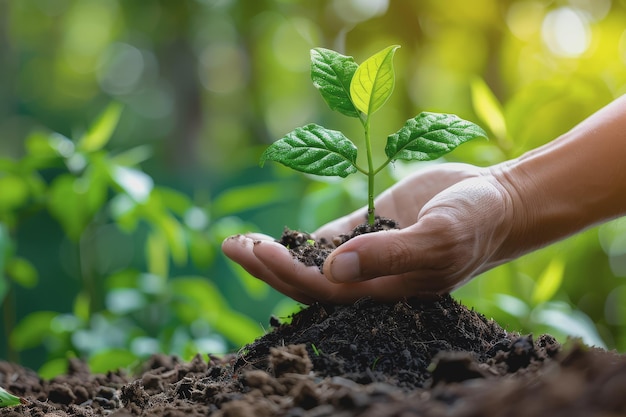 緑の環境のために植えるための小さな木を握っている男の手 世界日 地球の日