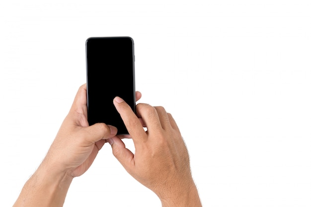 Hand man is holding mobile phone with black screen isolated on a white