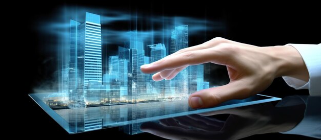 A hand man using digital tablet and modern buildings hologram