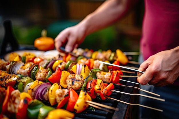 グリルした肉においしい串を調理するバーベキューグリルを持つ男性の手