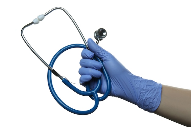 Hand in medical glove hold stethoscope, isolated on white isolated background