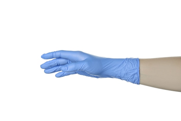 Hand in medical glove isolated on white isolated background