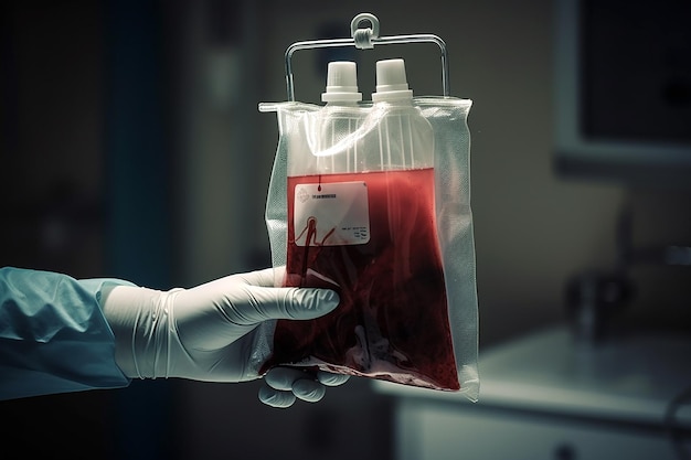 Hand of a medical worker holding a bag of donor blood generative AI